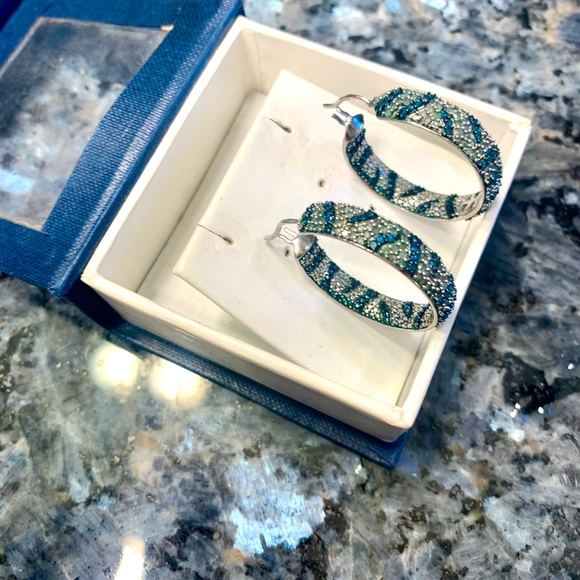 Jewelry - Genuine Diamond Blue and White Animal Stripe Print Hoops